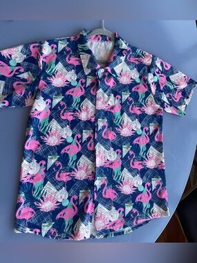 Men's Casual Button-Down Shirt - Pink Flamingo Print on Blue